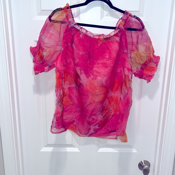 NWT summer sky off the shoulder top Sheer organza Hot Pink Floral Puff Sleeve L - Picture 8 of 10